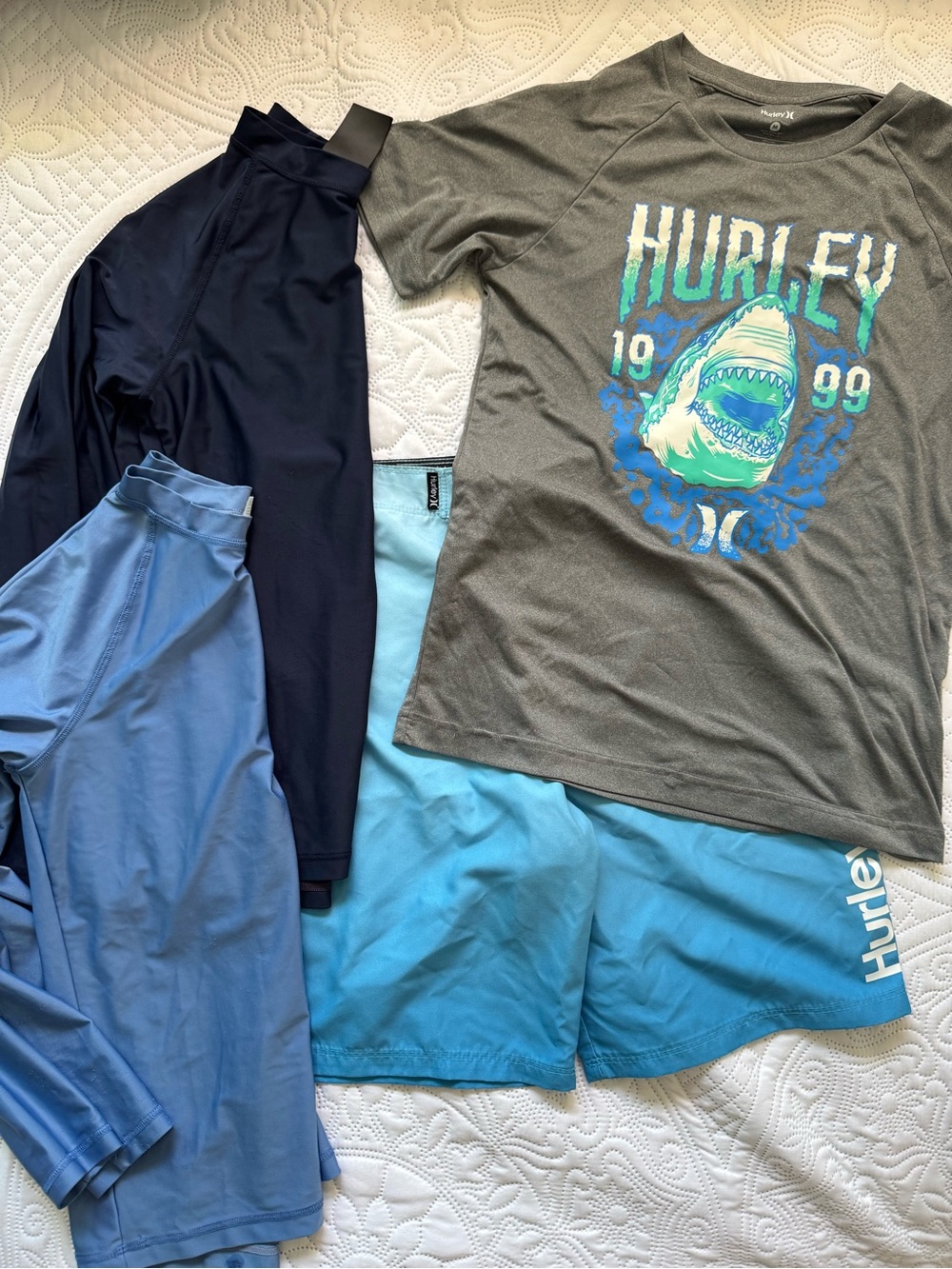 Hurley Boys Gray Shark Graphic Rash Guard Tee with Blue Swim Shorts